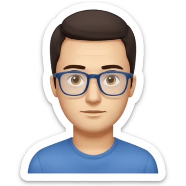a young man around 30 years old, dark brown eyes, with dark brown hair, longer rectangular face, longer jaw, light yellow skin color, small eyes with rectangle shape glasses, without beard, no forehead wrinkles, wear deep blue shirt sticker