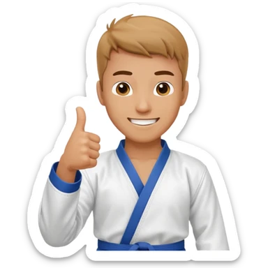 Crea un personaje masculino con el uniforme de taekwondo que tenga efecto dibujito y esté realizando este gesto con la mano👍🏼, debe estar sonriente sticker