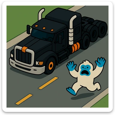 Place the small abominable snowman clearly on a road in front of the black 2026 Kenworth W680 flat top semi sleeper, top-down vibrant toon style, no text, with a visible road background. sticker