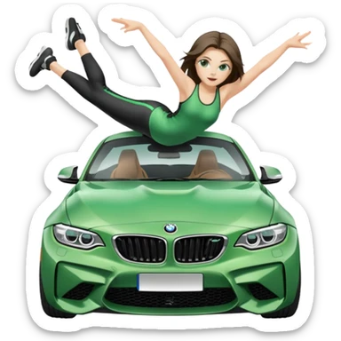 Beautiful Caucasian girl with green eyes realistic portrait of girl doing the splits on the hood of BMW M2 car sticker