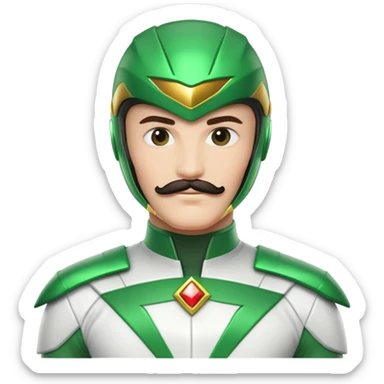 Green power ranger with white suit instead of green, with a visible mustache under the helmet sticker