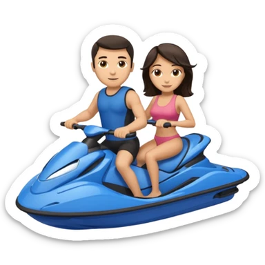 Light tan male dark hair & light tan female dark hair on a blue jet ski no sunglasses sticker