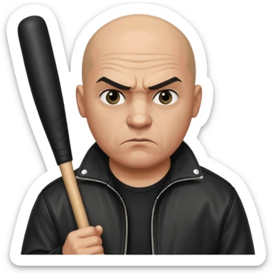 Bald Russian 1990s gangster emoji, leather jacket, , serious angry face with a bat sticker