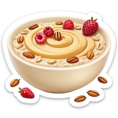 Cinematic creamy oatmeal, smooth texture with a swirl of honey on top, garnished with fresh berries and nuts, warm and comforting, cozy golden tones, rich and delicious. sticker