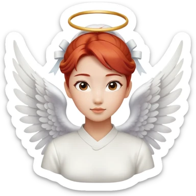 Asian angel with red hair in bun, oval face, and white wings sticker