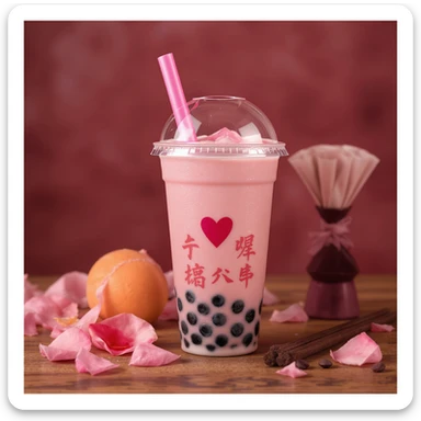Remove the background from the photorealistic pink bubble tea with a heart accent, keep the image elegant and realistic, ensure transparency. sticker
