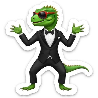 capitalist iguana in tuxedo and black sunglasses dancing sticker