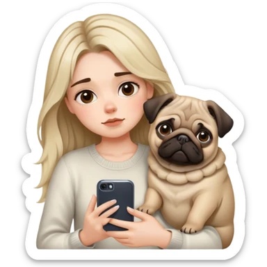 Pretty girl with casscading choppy hair frames her face as she holds her phone and her big pug lays beside her sticker