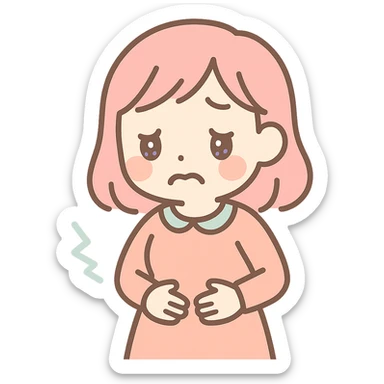hungry woman holding her belly, face looks very uncomfortable, anime style sticker