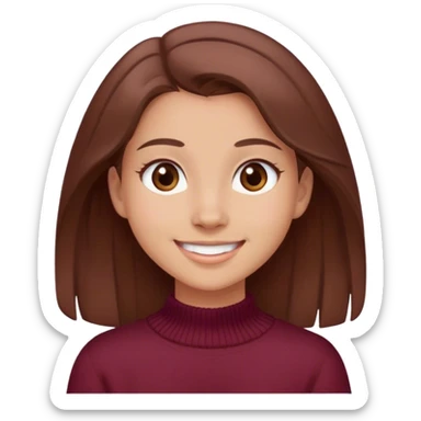 A girl with brown hair smiles, gray-brown eyes, wearing a burgundy sweater sticker