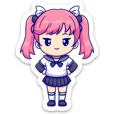 Adorable anime schoolgirl with pink twin tails and big eyes wearing sailor uniform, cute chibi style sticker