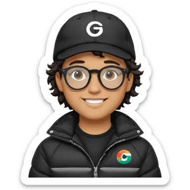 Young man wearing a black puffer jacket, black baseball cap with a small logo, round black glasses, wavy hair peeking out from under the cap, smiling. use dropcourse logo for cap and colouring for the puffer jacket sticker