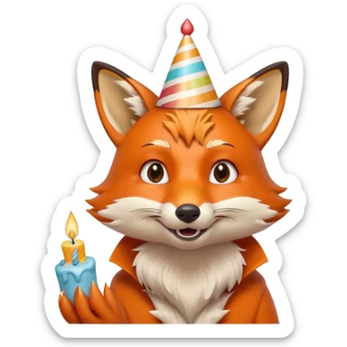 A fox wearing a birthday hat, joyfully blowing candles, portrait, bust up sticker