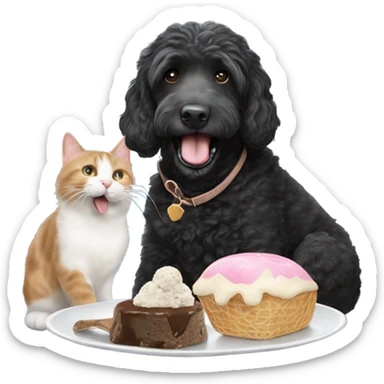 Black labradoodle licking ice cream with a fat grey and white cat beside him sticker