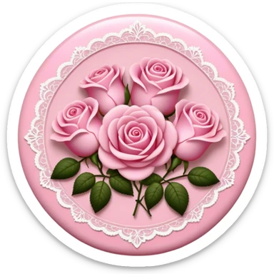 A round pink button with light cream damask lace and pink roses sticker