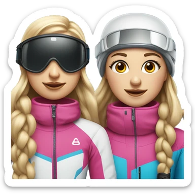 Blonde girl with long ponytail and girl with long brunette wavy hair in ski clothing and ski googles sticker