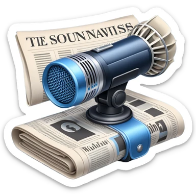 An icon featuring a microphone, a newspaper, and a camera, representing journalism and mass media. The design includes soundwaves and headlines, symbolizing the spread of information and news. Transparent background highlights the power of communication and media. sticker