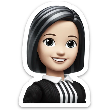 Good shape Barbie. 1999 teen Wednesday Addams from academy. Smiling. Dark-gray and black striped outfit. Very Pale-white porcelain skin.  sticker