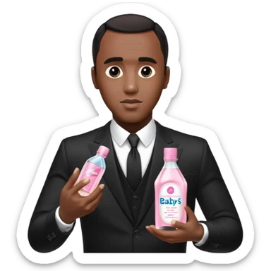 A realistic product shot of a transparent bottle of Johnson’s Baby Oil by Johnson & Johnson, featuring a soft pink label. The oil inside is crystal clear and glossy. Sean "Diddy" Combs in black suit is holding the bottle sticker