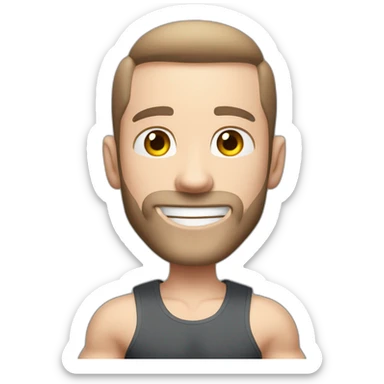 Close up Actively gesturing  with hands Pale skinned Fit Man With the biceps and brown hair in dark gray Sleeveless Mike, black oversize sports shorts, watch and white Sneakers sticker