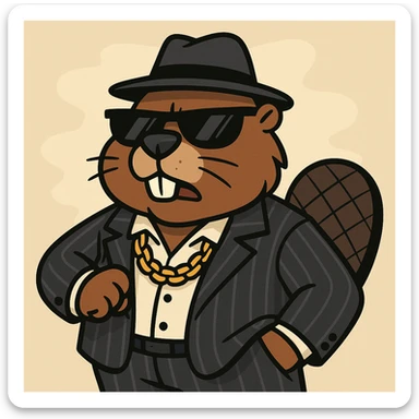 beaver in a pinstripe suit, gold chain, sunglasses, gangster attitude, cartoon style sticker