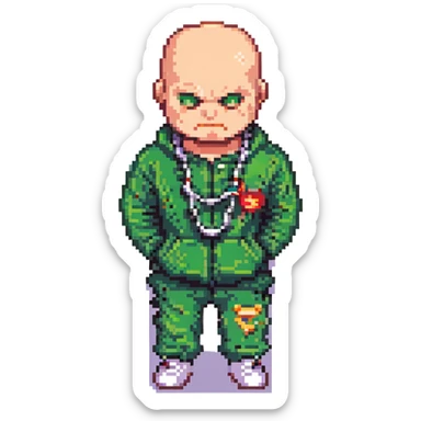 Pixel art thug in tracksuit, holding chain, bald head, angry expression, side view, retro arcade sprite
+ add the indicator to it "2020000" sticker