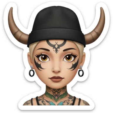 Woman with small horns — black hat, face tattoos sticker