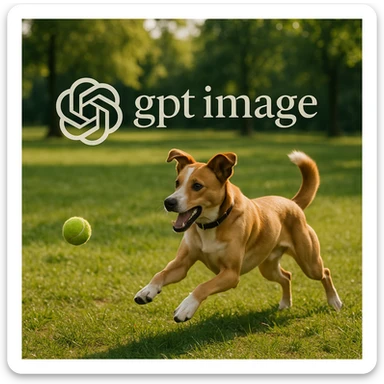  logo of chat gpt with text "gpt image" on the background of a dog chasing ball, realistic image sticker