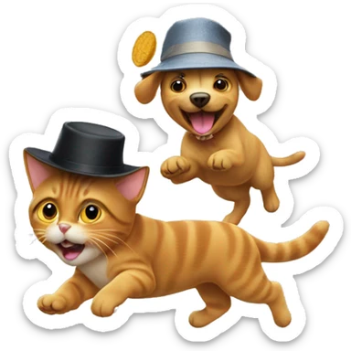 Cat chasing a dog with a hat sticker