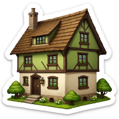 An old half-timbered village house with a tiled roof. The roof is dark brown. Moss, plants sticker