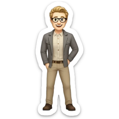 Joyful Pale skinned Fit Man With dark brown hair in gray jacket, beige office shirt, Brown pants and vintage glasses. His thrumbs up sticker
