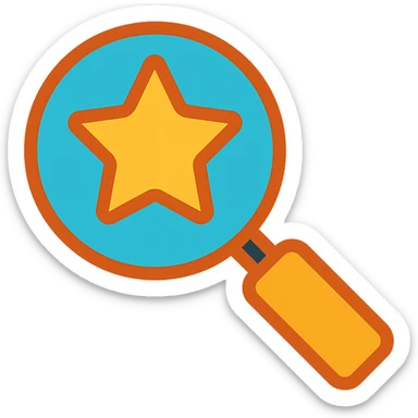 Enhance the search icon with a star by adding more vibrant color to the outline while keeping the icon style consistent. Remove the background to isolate the icon. sticker