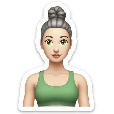 Pale skinned fit woman In a gray tight yoga suit and wristbands With ash black hair in a bun and green eyes doing yoga sticker