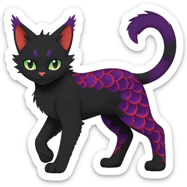 Black edgy Noivern-Noibat-Purloin-Torracat-Lykoi-Caracal-cat-Fakemon-fusion-hybrid-creature with violet and red scale markings sticker