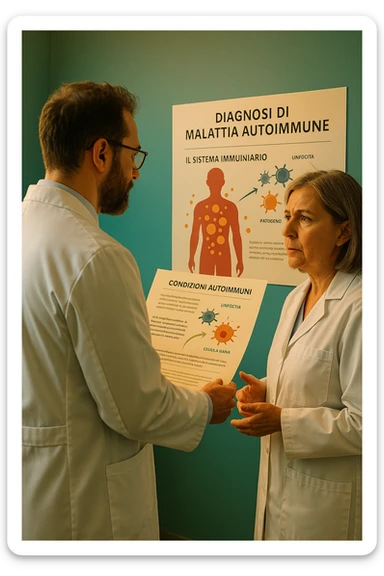 Foto tutta in italiano Realistic, detailed photo taken from behind of one doctor e un paziente —a bearded man and a middle-aged woman—standing and facing each other as they discuss an autoimmune disease diagnosis in front of a medical chart that displays information about the immune system and autoimmune conditions. The scene is illuminated by a yellowish, orange, warm light that softly envelops the doctors. The entire room is bathed in a single green-blue color, creating a cohesive and modern atmosphere. Both doctors wear white coats, and their body language suggests a serious, professional conversation about the complexities of autoimmune diseases. Shot with a Canon EOS R5, with high detail and natural depth of field. scritto in italiano sticker