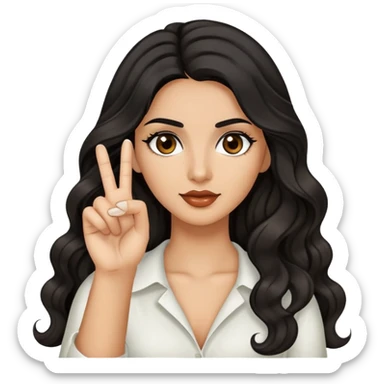 woman with olive skin, brown eyes and long lashes, and long black wavy hair holding up one hand and showing her one middle finger sticker