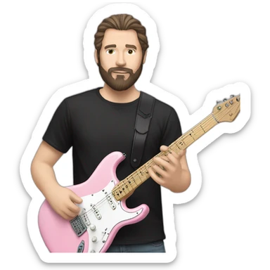 white man with dark beard and black t shirt and pastel pink stratocaster electric guitar sticker