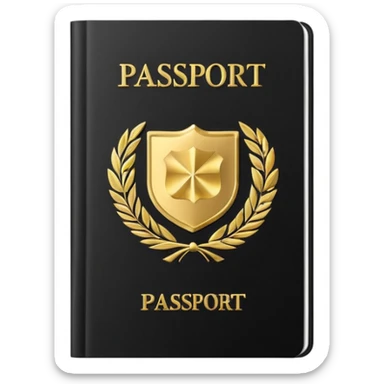 Minimal emoji icon of a black passport, matte cover, simple gold emblem, clean lighting sticker