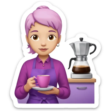 Create 3D minimalist emoji in the style of Coffee Lover — a coffee shop and roastery brand.
Style: cozy, warm.
Colors — purple-pink range.
barista with coffee sticker