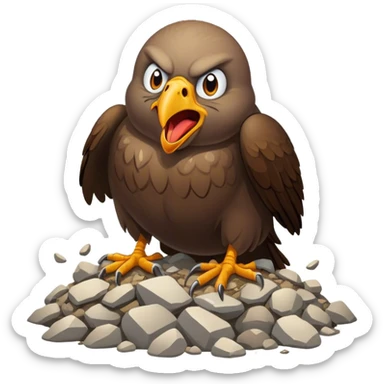 Generate a buzzard with a rock like body and head that is drooling and is very stupid. Make it have an evil look on it's face. Have it flying over a pile of scum.  sticker