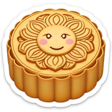 Traditional mooncake with pattern on top for Mid-Autumn Festival, simplified emoji style with bold outlines and bright colors, cartoon style Yue Bing pastry sticker