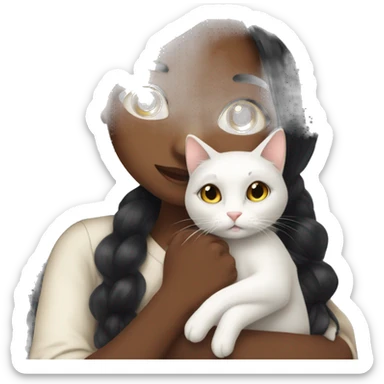 girl with very long black hair and brown skin hugging a white cat sticker