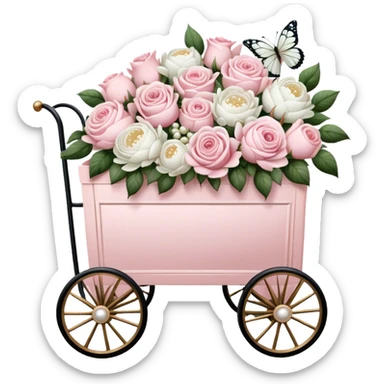 A nostalgic Parisian flower cart, overflowing with freshly picked pale pink roses and white peonies, its golden wheels glistening under the soft glow of lantern light, with pearl butterflies resting on the floral arrangements.
 sticker