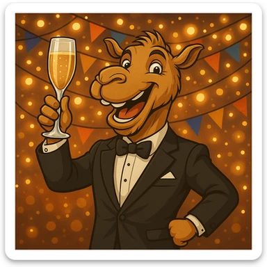 Add a cheerful party background with banners and sparkling lights, keeping the camel in formal attire toasting with champagne as the focus. sticker