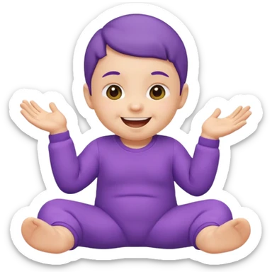Apple-style emoji of a baby wearing a purple onesie, sitting and laughing joyfully, with hands down. sticker