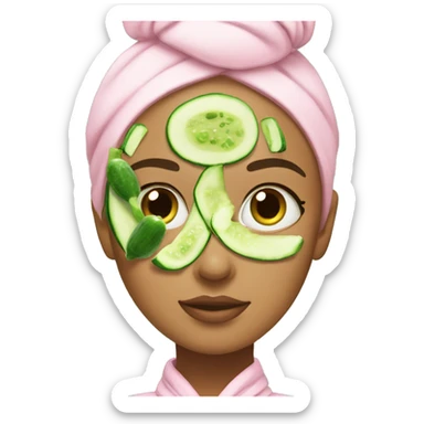 Girl with a bun and a pink robe with a green skincare mask on and cucumbers on her eyes sticker