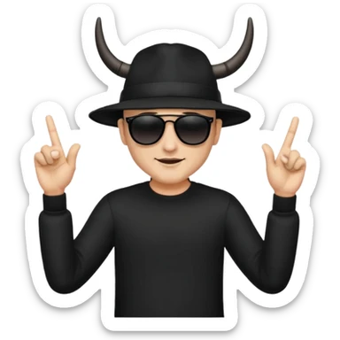 man dressed in black with dark glasses black Lens and a black hat making the horns gesture with both fingers hands sticker