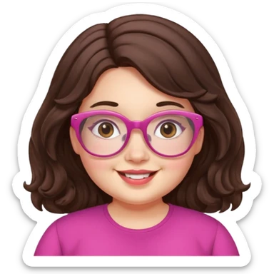 chubby English teacher cute girl face smiling wavy long dark brown hair pink glasses classroom background for online teaching sticker