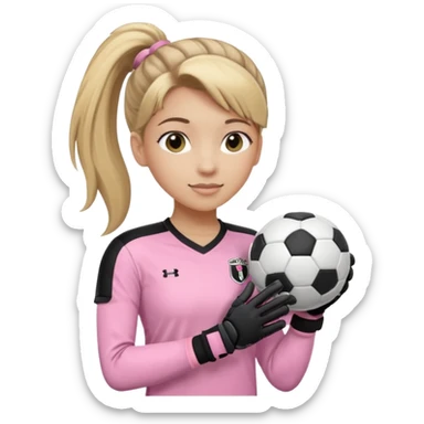 Make a dirty blonde football goalkeeper with goalkeeper gloves on holding a regular  The girl is light skinned and wearing a light pink football. Wearing a ponytail with the dirty blonde. Make it without the whole body. With full sleeves. WITHOUT A RUGBY BALL JUST REGULAR BLACK AND WHITE BALL sticker