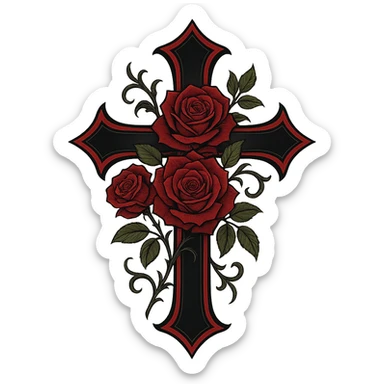 gothic style black and red goth cross with roses sticker